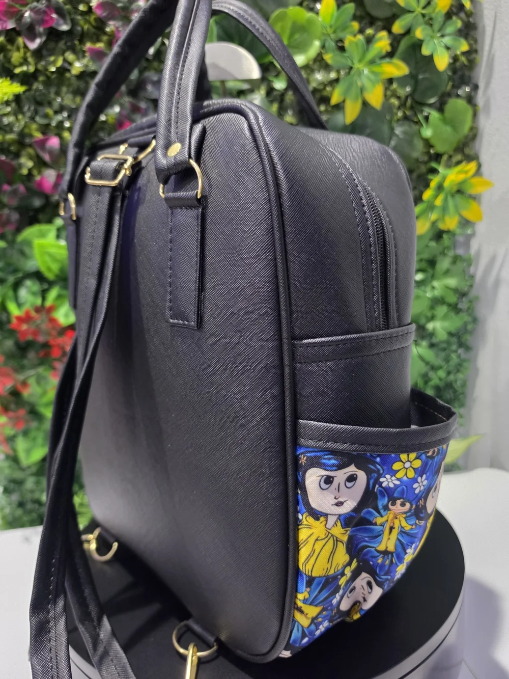 Handmade 30cm Coraline Black Backpack with Blue Hair Character Accent